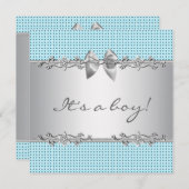Invitation Bleu gris argent blanc garçon douche (Devant / Derrière)