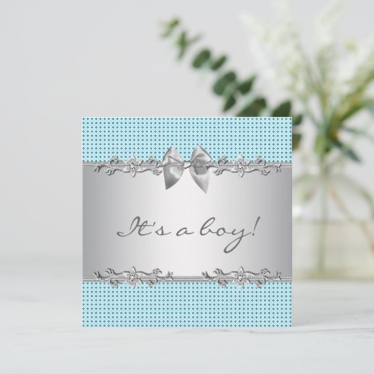 Invitation Bleu gris argent blanc garçon douche (Debout devant)