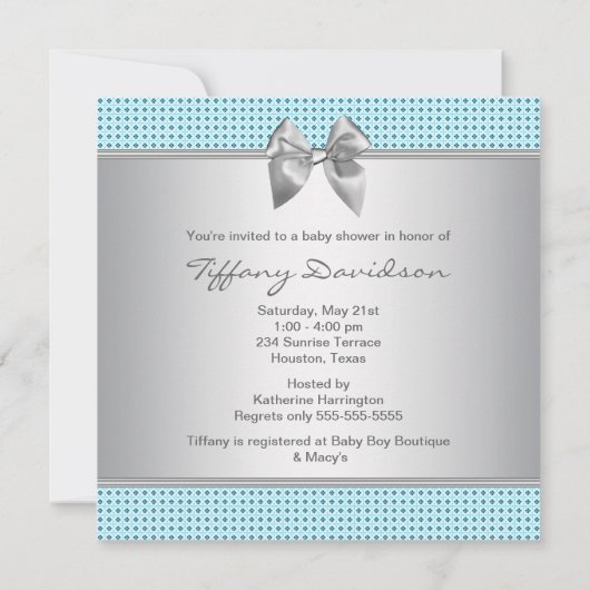 Invitation Bleu gris argent blanc garçon douche (Dos)