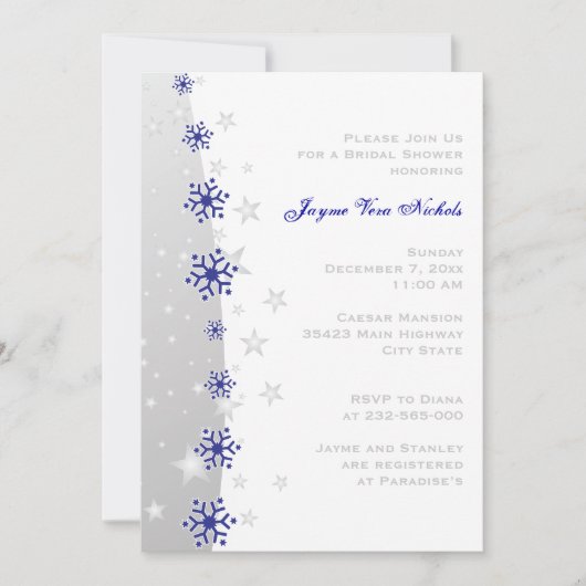 Invitation Bleu, gris argenté flocons mariage douche nuptiale (Devant)
