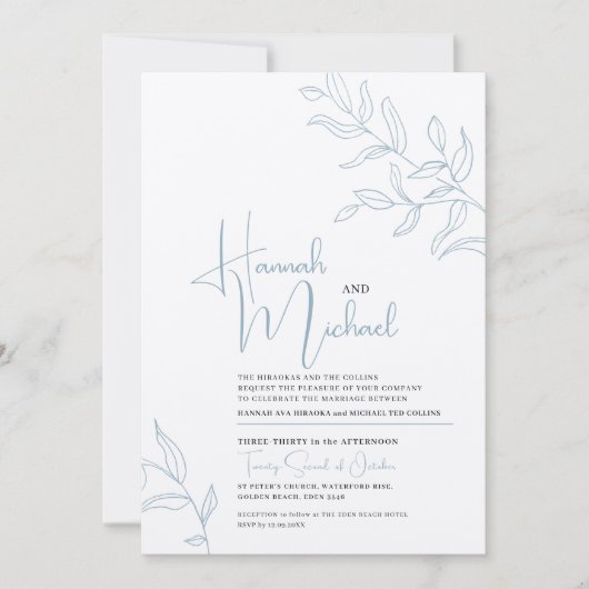 Invitation Bleu gris blanc branche feuille croquis mariage (Devant)