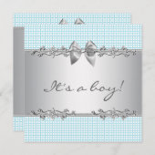 Invitation Bleu Gris Chèques garçon Douche (Devant / Derrière)