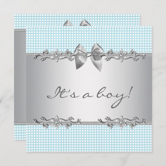 Invitation Bleu Gris Chèques garçon Douche (Devant / Derrière)