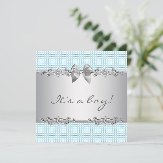 Invitation Bleu Gris Chèques garçon Douche (Debout devant)