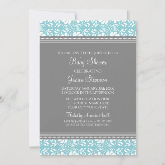 Invitation Bleu gris Damas Personnalisé Bébé Shower Invitatio (Dos)