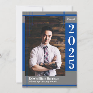 Invitation Bleu Gris École Couleur Graduation Photo Plaid