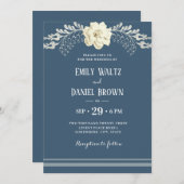 Invitation Bleu gris Élégant blanc Camellia Mariage (Devant / Derrière)