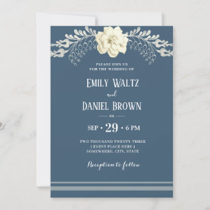 Invitation Bleu gris Élégant blanc Camellia Mariage