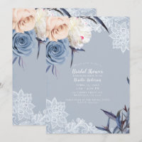 Bleu Gris Poussiéreux et Fleurs de Pêche en Dentel