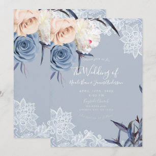 Invitation Bleu Gris Poussiéreux & Floral de Mariage en Dente