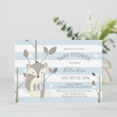 Invitation Bleu gris rayures Fox Baby shower de coeur (Debout devant)