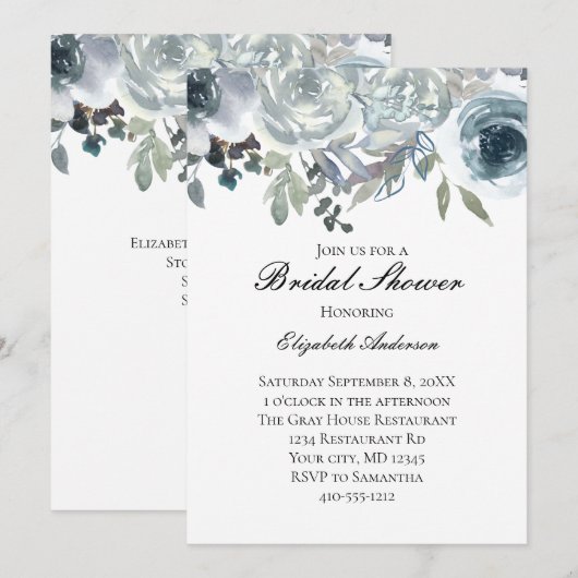 Invitation Bleu gris vert Élégante aquarelle florale nuptiale (Devant / Derrière)