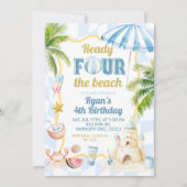 Invitation Bleu Groovy Prêt QUATRE la Plage 4ème Anniversaire (Devant)