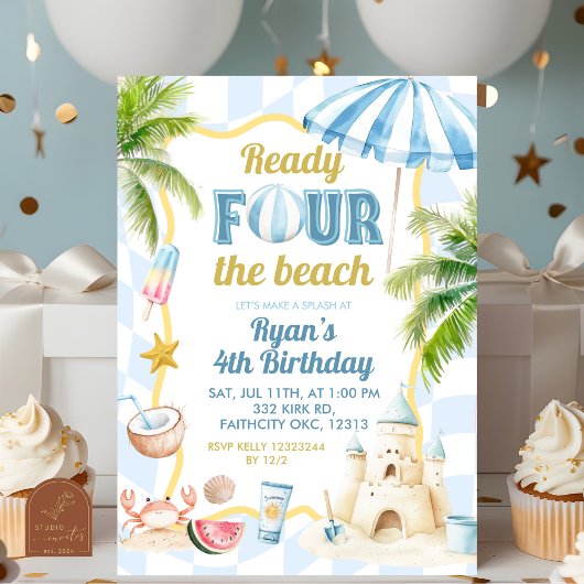 Invitation Bleu Groovy Prêt QUATRE la Plage 4ème Anniversaire