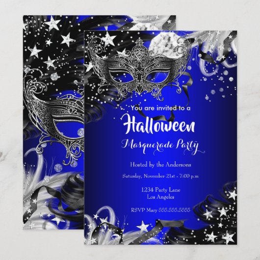 Invitation Bleu Halloween Soirée magique Masquade Party (Devant / Derrière)