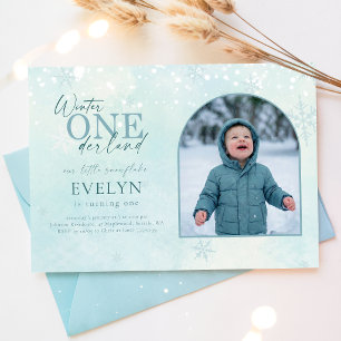 Invitation Bleu Hiver ONEderland Photo d'arche Premier Annive
