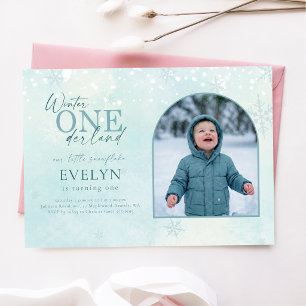 Invitation Bleu Hiver ONEderland Photo d'arche Premier Annive