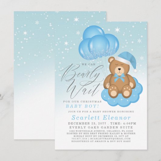 Invitation Bleu hiver Sleepy Bear Balloons Baby shower garçon (Devant / Derrière)