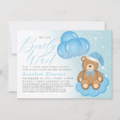 Invitation Bleu hiver Sleepy Bear Balloons Baby shower garçon (Devant)