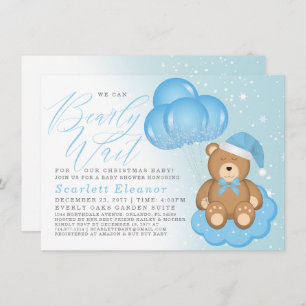 Invitation Bleu hiver Sleepy Bear Balloons Baby shower garçon