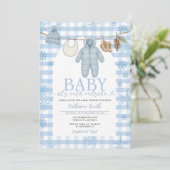 Invitation Bleu Hiver Vêtements Baby shower Neige (Debout devant)