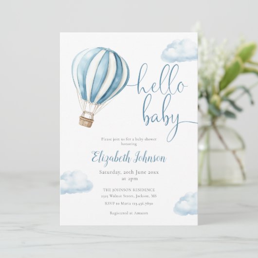 Invitation Bleu Hot Air Balloon Garçon tout en un Baby shower (Debout devant)