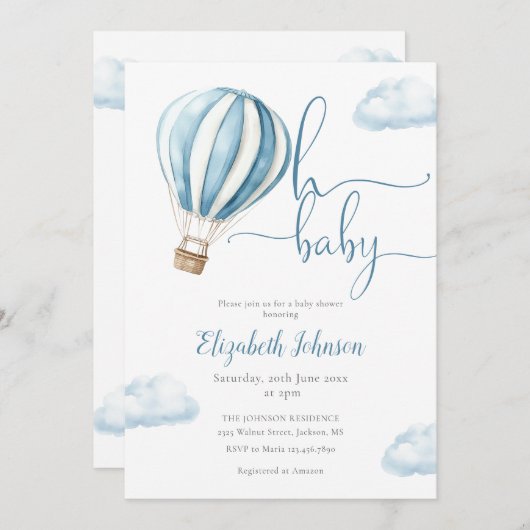 Invitation Bleu Hot Air Balloon Garçon tout en un Baby shower (Devant / Derrière)