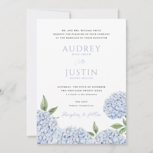 Invitation Bleu Hydrangea Bordure inférieure, Mariage de crêt (Devant)