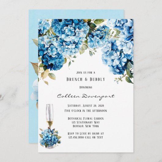 Invitation Bleu Hydrangea Butterfly Floral Brunch & Bubbly (Devant / Derrière)