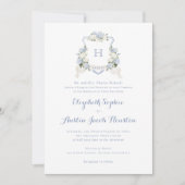 Invitation Bleu Hydrangea Crête verte Monogramme Mariage (Devant)