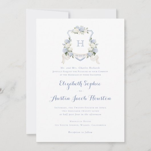 Invitation Bleu Hydrangea Crête verte Monogramme Mariage (Devant)