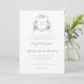 Invitation Bleu Hydrangea Crête verte Monogramme Mariage (Debout devant)