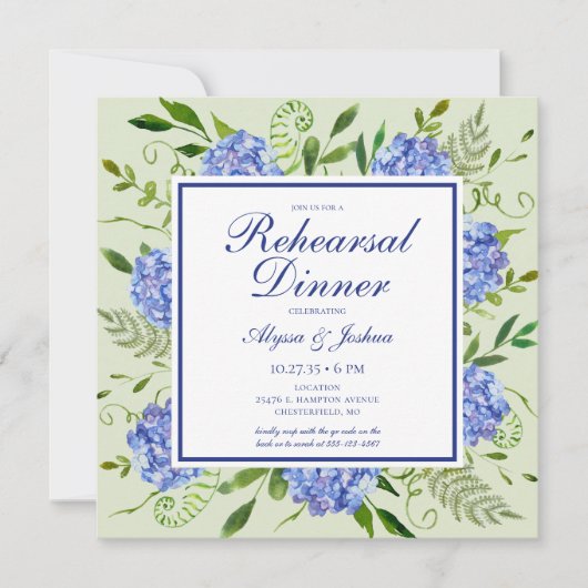 Invitation Bleu Hydrangea QR Code Dîner de répétition (Devant)