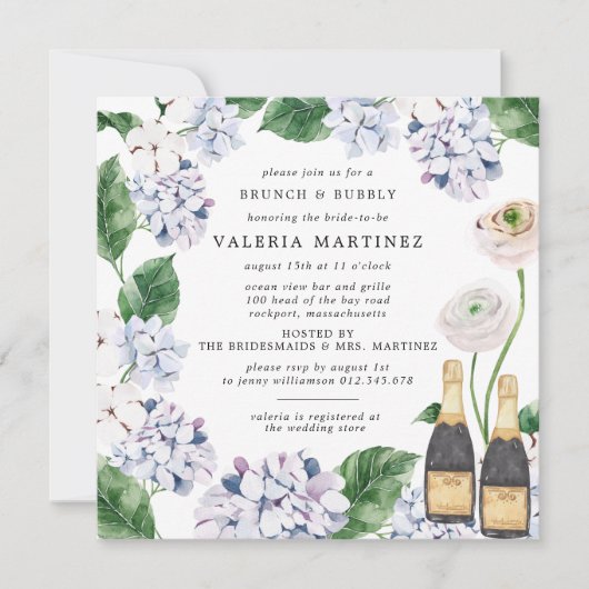 Invitation Bleu Hydrangea Rose blanche Brunch (Devant)