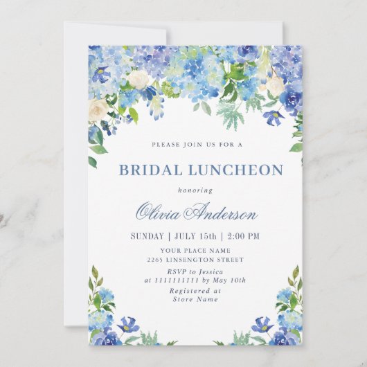 Invitation Bleu Hydrangea Verdure Aquarelle Bridal Déjeuner (Devant)