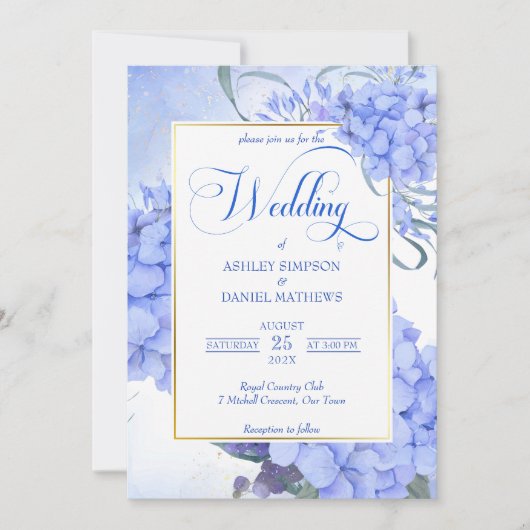 Invitation Bleu hydrangeas élégant mariage à fleurs (Devant)