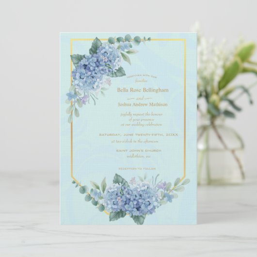 Invitation Bleu Hydrangeas en Mariage cadre en Bleu (Debout devant)