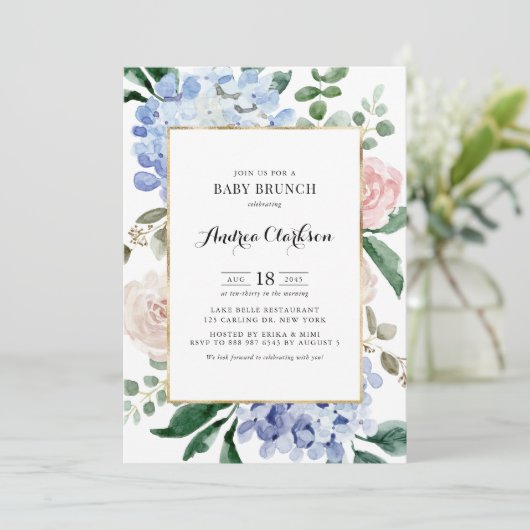 Invitation Bleu Hydrangée et rose Roses Baby shower Brunch (Debout devant)