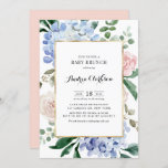 Invitation Bleu Hydrangée et rose Roses Baby shower Brunch<br><div class="desc">Famille d'Invitations et amis à votre événement avec cette élégante invitation à brunch à baby showers floraux. Il présente des illustrations d'aquarelle d'hydrangées bleues, de roses roses roses rousses, d'eucalyptus et de verdure avec cadre faux doré. Personnalisez en ajoutant des détails sur l'événement, le nom, l'heure, la date, le lieu...</div>