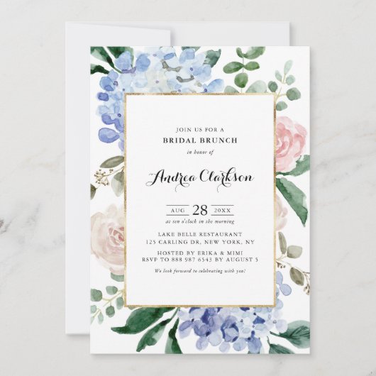 Invitation Bleu Hydrangée et rose roses Brunch nuptial (Devant)
