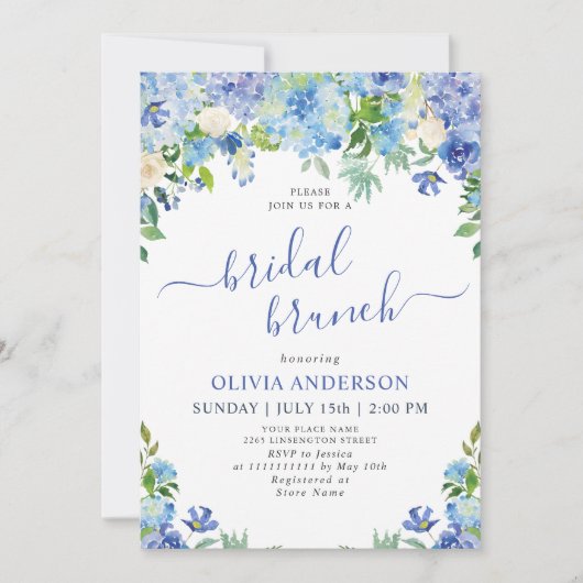 Invitation Bleu Hydrangée Verdure Aquarelle Brunch nuptial (Devant)