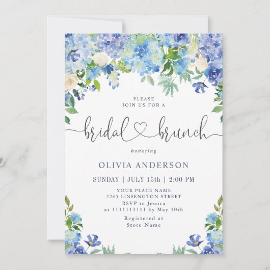 Invitation Bleu Hydrangée Verdure Aquarelle Brunch nuptial (Devant)