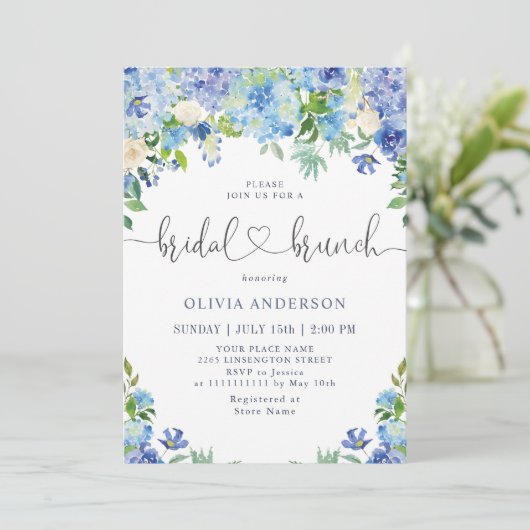 Invitation Bleu Hydrangée Verdure Aquarelle Brunch nuptial (Debout devant)