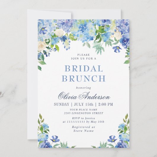 Invitation Bleu Hydrangée Verdure Aquarelle Brunch nuptial (Devant)