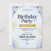 Invitation Bleu Illustration Floral Anniversaire (Devant)