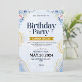 Invitation Bleu Illustration Floral Anniversaire (Debout devant)