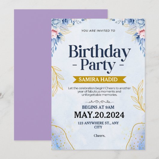 Invitation Bleu Illustration Floral Anniversaire (Devant / Derrière)
