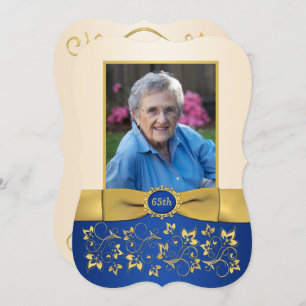 Invitation Bleu, ivoire, or 65ème Photo Anniversaire Invitati