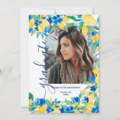 Invitation Bleu jaune citrons floral script photo graduation (Devant)