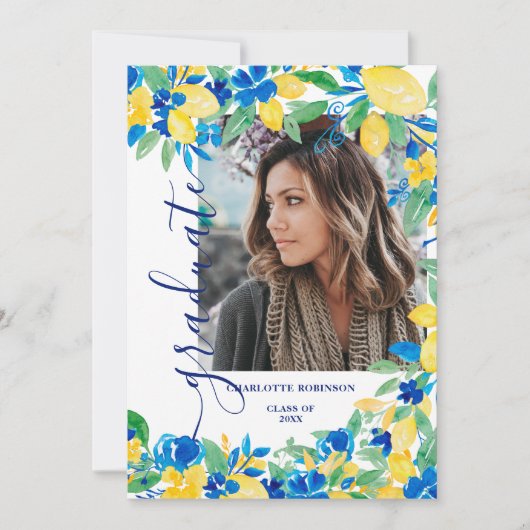 Invitation Bleu jaune citrons floral script photo graduation (Devant)